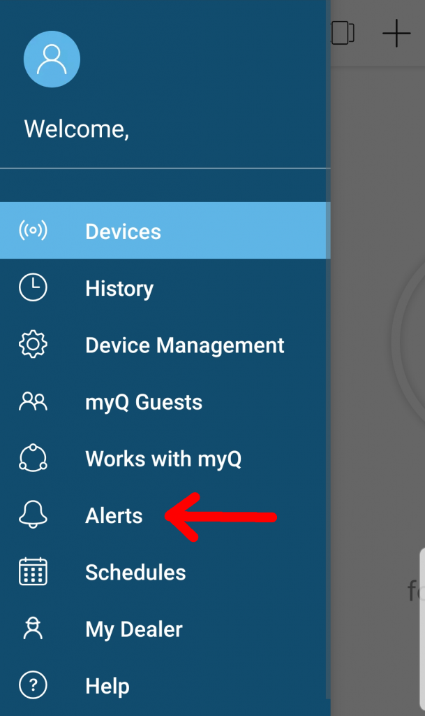 myq menu, select alerts